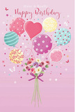 This birthday card design paints a scene of uplifting celebration, where balloons and flowers rise together as if carrying birthday wishes across Stanmore's quiet streets. The artwork is set on a soft, rosy-pink background, creating a warm, welcoming atmosphere much like the cosy glow of local shops along Stanmore Broadway. At the base of the composition rests a dainty bouquet, hand-tied and compact. Its blooms suggest miniature roses and daisy-like flowers, their petals layered in tones of creamy white, blush pink, and cool mauve. Each petal is subtly shaded to show depth, hinting at the velvety feel of real, freshly cut flowers. The stems are drawn tightly together and finished with a deep violet satin bow, whose gentle shine adds a hint of sophistication and care. From this bouquet, slender lines stretch upward, connecting to a cheerful cluster of pastel balloons. Some balloons feature candy-coloured stripes, others are scattered with playful polka dots, and a few are decorated with swirling patterns that echo the curves of their round shapes. The colour palette mixes seafoam green, lemon yellow, rose pink, and soft lavender, blending in a way that feels both playful and harmonious. A heart-shaped balloon sits amongst them, quietly suggesting affection and love. Light glances off the balloons' glossy surfaces, giving them realistic volume, as though they could float above the tree-lined paths near Stanmore Common. Tiny starbursts and butterfly motifs flutter around the design like delicate confetti. Overall, the illustration captures a mood of gentle festivity and heartfelt thoughtfulness, reminiscent of a beautifully arranged birthday bouquet delivered to a loved one in Stanmore with genuine local care.