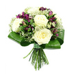 Set against a pristine white background, this bouquet looks freshly arranged and ready to be delivered to a doorstep in Stanmore, its details sharply defined. At the centre are several large, fully open roses in shades of white and gentle cream, each one a swirl of velvety petals that create a soft, romantic heart to the design. Between these timeless blooms, deep purple alstroemeria introduce a rich note of colour, their long petals streaked with fine markings and some buds still tightly furled, adding a sense of ongoing bloom and freshness. Wisps of white baby's breath drift among the main flowers like a delicate haze, softening the transitions and giving the composition a light, cloud-like quality. Scattered subtly within the bouquet are spiky green and pale filler flowers, reminiscent of astrantia or thistle, which lend a slightly contemporary, textured counterpoint to the smoother rose petals. Encircling all of the flower heads is a tailored collar of broad, glossy emerald leaves, carefully folded and curved around the base, offering a modern, sculpted frame that highlights the blossoms above. Below this stylish leafy ring, the stems are aligned in a neat bundle, freshly cut and bound with a narrow green and white ribbon that holds everything securely while keeping the look elegantly simple. The overall impression is one of calm refinement and thoughtful design, a bouquet perfectly suited to marking a special anniversary dinner, welcoming a new baby, or expressing sympathy with grace, all easily imagined as part of daily life in Stanmore's quiet streets and family homes.