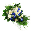 A solemn, beautifully composed funeral spray of blue and white roses is arranged in a tapered, flowing shape, photographed against a clean white background so its lines and colours appear clear and undisturbed. The arrangement begins with a dense gathering of around two dozen open roses, their petals unfurling in soft spirals. Half of these are deep, sapphire blue, rich and cool, while the others are creamy white and gentle ivory, the colours intermingling in a thoughtful, balanced pattern rather than sitting in separate sections. This harmonious mix creates an effect of quiet unity, particularly fitting for farewell services held in Stanmore churches or nearby cemeteries. Scattered between the rose heads are light sprays of white baby's breath, their tiny blossoms clustered on fine stems, filling spaces with a misty, delicate texture. Framing the roses is a carefully structured collar of greenery. Broad, dark green, glossy leaves provide a strong base, contrasting with the softness of the petals. Above, feathery, bright green fern fronds fan out from the upper left, their fine leaflets softening the edges of the display. From the lower right, long, slender palm fronds extend out and gently downward, defining the classic teardrop silhouette of the spray and directing the eye along its graceful cascade. Small sprigs of bluish-green eucalyptus-style foliage are nestled through the design, introducing muted silver-blue tones that echo the blue roses. Decorative bands of striped green-and-cream foliage are folded and coiled through the base, revealing the skill of the florist's hand. The overall impression is one of quiet dignity and heartfelt respect, the sort of arrangement Flower Delivery Stanmore might bring to a family wishing to express sympathy and remembrance with understated elegance.