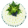 In this image, a round floral tribute is presented from a bird's-eye view, laid against a bright white background that gives it a feeling of stillness and clarity. The entire surface of the cushion is covered with white spray chrysanthemums, so densely arranged that no stems or gaps are visible. Each flower opens into a small daisy shape, its crisp white petals surrounding a tiny centre touched with pale green, creating an overall effect that is pure, soft, and gently luminous. Bordering the arrangement, a band of emerald satin ribbon has been folded into precise, scalloped pleats, the smooth, slightly shiny fabric lending a formal, finished look as it traces the circular edge. At the upper centre, a vivid cluster of green blooms and foliage becomes the main point of interest. A lime-green spider chrysanthemum, with its long, slender petals that curve and radiate like fine filaments, sits at the heart of this accent. Around it, clusters of bright green Hypericum berries and rounded green chrysanthemums mix with dark, glossy leaves and feathery fern, adding layers of shape and texture. Standing proudly within this greenery are two Scottish thistles, their spherical, spiky heads tinged with dusky blue-violet shades that bring an unexpected yet harmonious contrast. The overall impression is one of composed grace and quiet personality, suitable for a funeral or memorial in Stanmore where families may wish to honour both tradition and personal heritage. It feels like a piece created for a peaceful service near Bentley Priory or along the quiet residential lanes, arranged by a local florist who understands how to express sympathy with subtle, thoughtful detail.