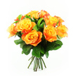 A joyful, hand-tied bouquet of bi-colour roses dominates the centre of the image, set against an immaculate white background that makes each bloom appear to glow. Approximately twelve roses are tightly clustered in a smooth, rounded shape, every flower fully open to reveal its layered spiral of petals. The inner petals shine with a clear, sunny yellow, then subtly transform into warmer shades of apricot and bright orange as they move outward, with a few petals carrying a soft red-orange blush at the very tips. This warm palette suggests the gentle, fading light you might see walking through Stanmore Country Park on a clear evening. Between the roses, deep green leaves create a lush frame, their polished surfaces catching hints of light and emphasising the brightness of the blossoms. The stems beneath are aligned in a neat bundle, dark green and freshly cut, suggesting that the bouquet has just been crafted on the workbench of a local Stanmore florist and is ready to be wrapped for delivery anywhere from Stanmore Broadway to nearby Edgware. The lighting is even and flattering, without harsh shadows, so that every curve, fold, and tiny ripple on the petals is clearly visible, giving a sense of their velvety texture. The bouquet conveys warmth, cheer, and a modern sense of elegance, suitable for celebrating a special birthday, surprising a partner on an anniversary, or sending an uplifting message to a friend. The uncluttered background emphasises the natural beauty and colour play of the roses, allowing the viewer to focus solely on the harmony of form, tone, and expert floral craftsmanship.