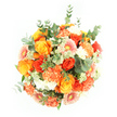 From a top-down perspective on a pure white background, this bouquet appears as a perfectly rounded burst of warm colour, closely packed with flowers that create a sense of richness and abundance. Roses are the stars, positioned across the arrangement with their petals layered in tight spirals that transition from deep amber and burnt orange at the centre to sunlit yellow highlights at the tips. Interspersed with them are generous clusters of carnations in soft peach, apricot, and vibrant tangerine, their finely ruffled petals giving a soft, almost cloud-like texture. Adding to the joyful character are gerbera daisies, whose flat, circular faces radiate outward in soft orange and peach tones, some with faint pink or pale centres that offer visual interest without disrupting the warm palette. Tiny filler flowers in white and pale green peek out between larger blooms, creating little pockets of light and contrast that keep the composition from feeling heavy. Weaving through the design is a mix of greenery: rounded, silvery eucalyptus leaves and sprigs of fresh, bright green foliage that frame the blossoms and introduce a cool counterpoint to the fiery oranges and yellows. The lighting is bright and even, bringing clarity to every petal edge and subtle shadow, so the bouquet looks fresh, vivid, and three-dimensional. The atmosphere is one of optimism and celebration, echoing the gentle, suburban charm of Stanmore and its tree-lined avenues, making this design ideal for local deliveries to mark life's happy moments, from milestones to simple gestures of appreciation.