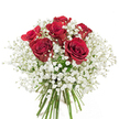 Gracefully hand-tied and cradled against a clean white background, this bouquet radiates the quiet elegance and timeless sentiment that Stanmore locals so often seek for special occasions. Six sumptuous crimson red roses form a striking focal point, each one cupped in velvety, spiraled petals that seem to whisper promises of deep affection-much like the enduring bonds woven in Stanmore's friendly neighbourhoods. Enveloping the roses, fluffy clusters of white baby's breath create a gentle, pillowy aura, their diminutive blossoms drift in a mist-like dance around the passionate reds. The bouquet's crisp green stems are neatly gathered below, hinting at the freshness and meticulous care of Stanmore's expert florists. Subtle daylight highlights the richness of the flower tones and the airy softness of the Gypsophila, with each element coming together in a composition that feels both contemporary and deeply rooted in tradition. Designed to celebrate love-be it for anniversaries, intimate gatherings, or moments of heartfelt thanks across Stanmore and HA7-the arrangement delivers warmth and sophistication that brighten any recipient's day, echoing the refined, welcoming charm of the area itself.