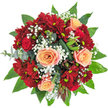 Picture this bouquet resting in a sunlit Stanmore living room, its rounded dome shape lush with artistry and intention. Soft, velvety peach-apricot roses command the centre, their petals unfurling with graceful spirals and rose-gold hints, while rich red roses huddle close by in compact, romantic buds. Deep red spray chrysanthemums, each petal finely layered, inject visual interest and robust texture, like the classic flower beds seen along Stanmore Hill. Wispy white clusters of gypsophila-each tiny blossom casting delicate shadows-pocket the bouquet with lightness, offering gentle movement among the bold hues. The foliage is as thoughtfully chosen, marrying dark, glossy leaves and misty eucalyptus to folded greens that curve elegantly around the arrangement. Unique accents-rounded seed pods or budding protea-peek from within, infusing a natural, tactile note. The effect is celebratory but also comforting-a bouquet that fits both joyous milestones and quiet everyday gestures, freshly prepared for same-day delivery across Stanmore and perfect for marking life's special chapters.