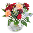 This vivid bouquet, artfully arranged in a clear, round glass vase, radiates the warmth and elegance synonymous with Stanmore's local floristry. At its core, two plump apricot roses unfurl their soft petals like a sunrise over Stanmore Hill, complemented by a richly hued deep red rose nestled lower among the foliage. Burgundy chrysanthemums bring sumptuous, textural depth that echoes the autumn palette of local woodlands, while airy white sprigs of baby's breath float gracefully throughout, softening and brightening the overall look. Glossy green leaves and cool-toned eucalyptus infuse a feeling of freshness and modernity, their round leaves catching the gentle afternoon light filtering through a Stanmore window. A cluster of dark plum, succulent-like foliage adds dimension and intrigue, giving the bouquet a playful yet sophisticated edge. Through the glass vase, neatly gathered stems are visible, their reflections shimmering in clear water-a quiet detail that underscores the bouquet's vibrant, fresh-picked quality. Perfect for celebrating new beginnings, expressing heartfelt sentiments, or simply bringing the beauty of Stanmore's landscapes indoors, this arrangement is a testament to the thoughtful, local craftsmanship found across the community.