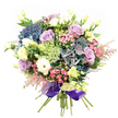 A gentle masterpiece from Stanmore's expert florists, this hand-tied bouquet is a vision of complex beauty and calm, arranged against the clarity of a white backdrop. Deep indigo and teal hydrangeas form the lush heart of the display-soft petals layered abundantly, their colour reminiscent of peaceful evenings by Stanmore Hill. Nestled close by, roses in soft lilac and creamy white unfold in elegant spirals, accompanied by plush white ranunculus and delicate pale yellow eustoma buds. The arrangement is enlivened by sprightly sprays of fuchsia-pink blossoms and feathery tendrils of pink astilbe, which seem to dance around the bouquet's border like laughter at a Stanmore family gathering. Airy, lace-like filler flowers offer a final layer of intricate softness, their delicate green and white hues balancing the bolder blooms. Dark green leaves embrace the bouquet, enhancing its fullness and natural liveliness. All stems are neatly bundled and encircled with a wide, shining purple satin ribbon, tying the design together with a flourish. Perfect for marking any joyful event or honoring cherished moments, this arrangement tells a story of local artistry, gentle luxury, and the welcoming spirit of Stanmore-freshly prepared and ready for delivery in the neighborhood.