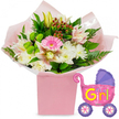 A tender yet vibrant new baby girl gift ensemble is set against a plain white background, evoking the feeling of a fresh start and a bright new chapter. At the heart of the image stands a square, light pink gift box, reminiscent of soft baby accessories often seen in Stanmore nurseries and family homes. Rising from this box is a lush, hand-arranged bouquet that blends classic charm with a touch of playful modernity. A bright pink gerbera daisy at the centre acts like a joyful exclamation mark, its neat ring of petals creating a focal point of colour. Around it, plump white chrysanthemums gather closely, their many petals forming rounded, cushiony shapes. Pale pink and white Alstroemeria lilies stretch outwards from the centre, their speckled petals adding delicate character and visual interest. A creamy yellow lily bud, still closed, leans slightly upwards, its pointed tip hinting at blossoms yet to open, mirroring the sense of possibility that surrounds a new baby girl. Nestled among the larger blooms are lime-green button-like flowers, giving the arrangement a fresh, zesty accent, while rich red Hypericum berries are scattered like tiny beads of colour. Deep green leaves and feathery fern fronds extend around the blooms, framing the bouquet with natural softness and movement. The stems are carefully wrapped in ballet-pink tissue paper and clear cellophane, which catch highlights and suggest that the bouquet has just been finished by a Stanmore florist, ready for same-day delivery across local streets and avenues. To the right, a bright foil balloon shaped like a baby stroller adds a playful finishing touch. Its hot pink body, purple hood, and purple wheels with colourful spokes echo the bouquet's cheerful palette, while the words It's a Girl! appear boldly in yellow and green lettering, accented with small heart motifs. The entire scene captures the warmth, joy, and gentle excitement of welcoming a baby girl into the Stanmore community, making it an ideal representation for baby shower gifts, birth announcements, or first visits to meet the new arrival.