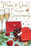 This illustrated anniversary card presents a richly detailed vignette that feels as intimate and welcoming as a family celebration in Stanmore. At the heart of the image, two velvety red roses lie gently across a cluster of glossy green leaves, their petals layered and shaded to suggest fullness and softness, like blooms freshly arranged by an expert florist on Stanmore Hill. Just beside the flowers rests an open, heart-shaped box of chocolates, its interior lined with neat rows of truffles and pralines in various chocolate browns. A broad red ribbon wraps the box and gathers into a sumptuous bow, its loops and trailing ends rendered with highlights that evoke a satin sheen. Behind this indulgent duo, a pair of slender champagne flutes stand together, both filled with sparkling golden champagne. Tiny bubbles rise in delicate streams through each glass, catching the warm light and hinting at the quiet fizz you hear as glasses are lifted for a toast after dinner near Stanmore's leafy streets. Scattered around the scene are small red and gold hearts and elegant, curling flourishes that frame graceful, hand-lettered words addressed to Mum & Dad, reinforcing the card's focus on a cherished parental relationship. To one side, a deep red envelope lies neatly closed, suggesting a personal, handwritten message folded carefully inside, perhaps composed earlier at a dining table overlooking Stanmore Country Park. The overall colour palette of rich reds, warm golds, and soft greens creates an atmosphere of romance, gratitude, and comfort. Every illustrated texture-from the roses' plush petals to the smooth chocolate and shimmering glass-works together to convey the sweetness and depth of an anniversary celebrated quietly at home.