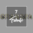 A soft, medium-grey field forms the background of this image, providing a calm, neutral canvas. In the exact centre, a darker grey square stands out, bordered by a delicate white line that frames the content within. Inside the square, white text is laid out with care: a large numeral 7 dominates the top line, followed by the word LETTER in smaller, clean, uppercase sans-serif type, and the word Tribute flowing beneath in a graceful script that adds warmth and personality. Behind and slightly obscured by this central graphic, a sequence of floral letters stretches from left to right, spelling GRANDAD. Each of the seven letters is constructed from a dense covering of white chrysanthemums or similar small-headed blooms, their soft, overlapping petals creating a plush and comforting texture. Throughout these white foundations, you can see thoughtfully placed accents of strong purple flowers and sprigs of fresh green leaves, giving subtle rhythms of colour and movement along the line of letters. The floral work feels like something a careful Stanmore florist might prepare on a quiet morning before delivering it to a nearby churchyard or crematorium for a funeral. The word GRANDAD, though partially hidden by the central square, is still recognisable by the visible curves and lines of the letters, suggesting the presence of a dearly loved family figure. The whole image symbolises a bespoke seven-letter funeral tribute, using a combination of pure white blooms, rich purple accents, and simple modern typography to express sympathy, remembrance, and family pride in a gentle, dignified way, as offered by Flower Delivery Stanmore for local services.